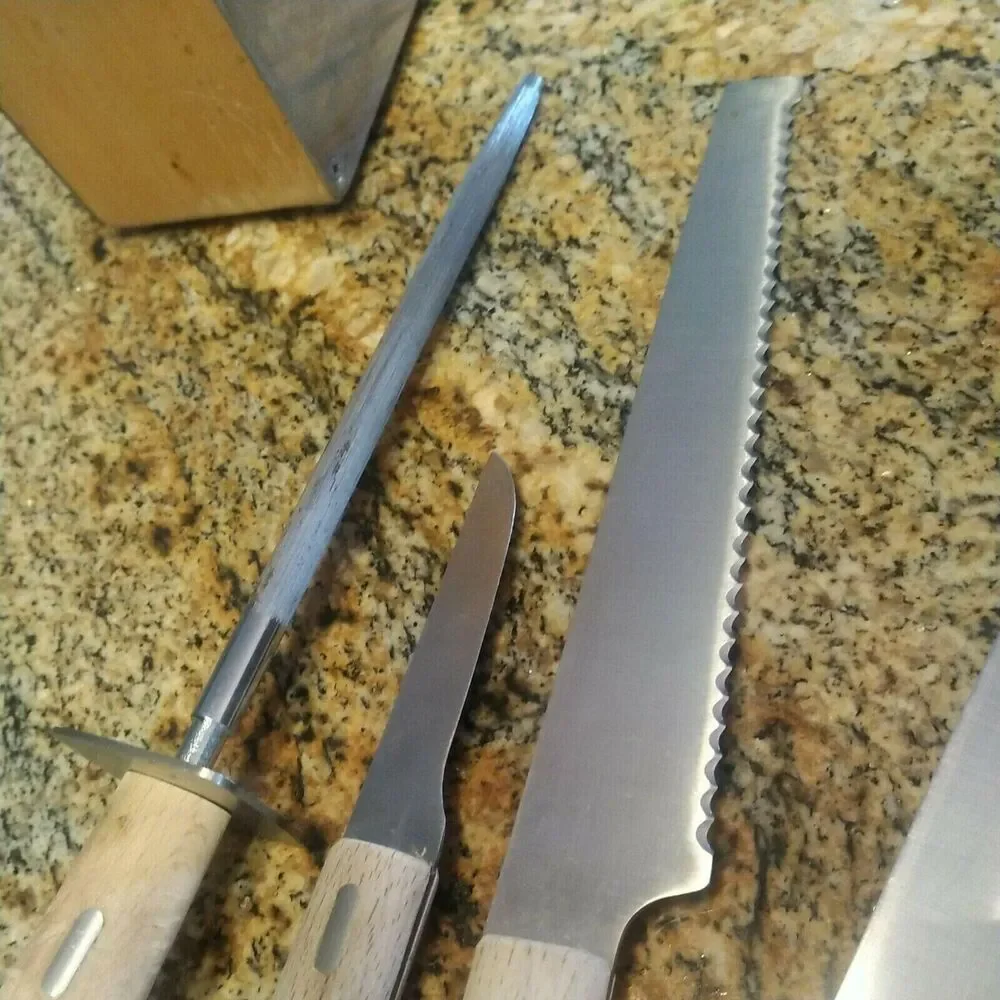 RARE IKEA 5 Wood Handle Knives 6 Piece Set Including Stainless Wood Block
